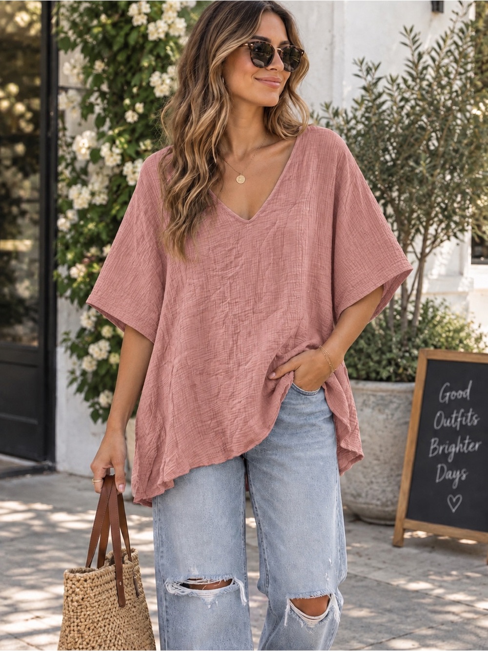 Adrienne Dusty Rose V-Neck Gauze Tunic